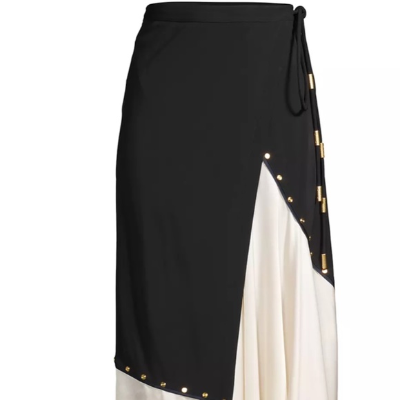 NWT Tory Burch mixed material black white silk wrap skirt midi maxi demure sz L - Picture 5 of 16